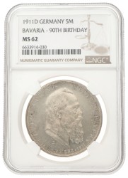 German states. Bavaria. Luitpold. 5 Mark - 90th birthday of the Prince Regent. 1911 D.
