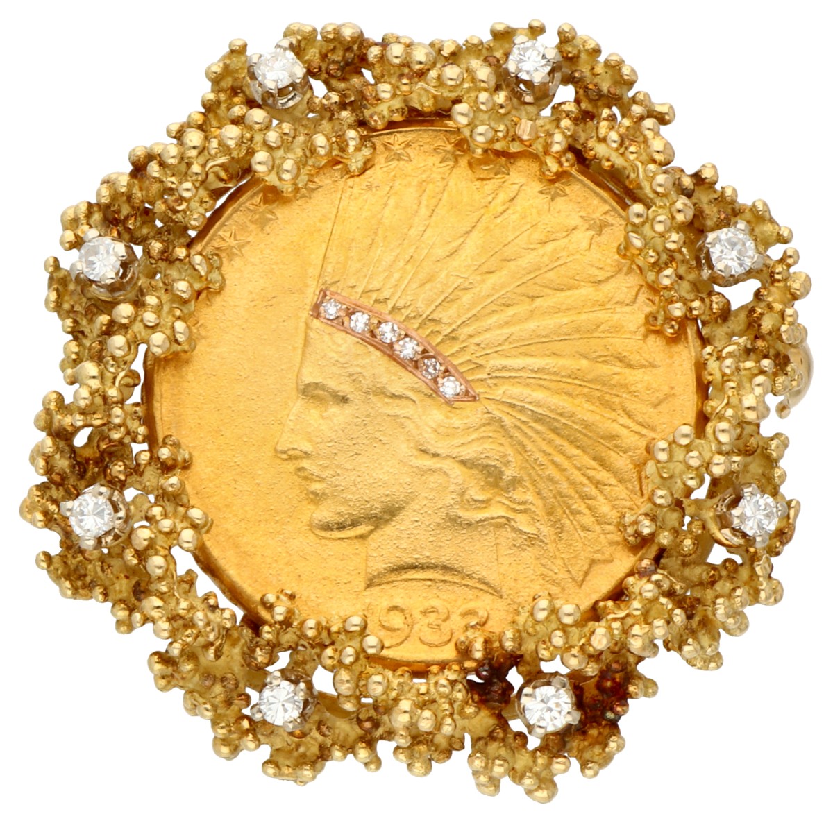 Ten dollars Indianenhoofd munt broche in gouden rand met diamant.