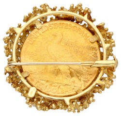 Ten dollars Indianenhoofd munt broche in gouden rand met diamant.