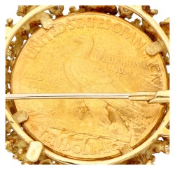 Ten dollars Indianenhoofd munt broche in gouden rand met diamant.