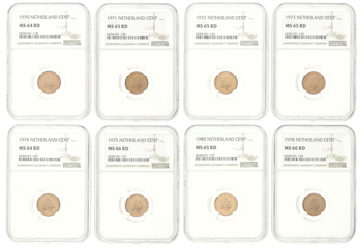 Lot (8) 1 cent. Juliana. 1970 - 1975, 1978, 1980. MS 64 - MS 66.