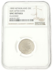 25 Cent. Willem III. 1890 Met punt. UNC details.