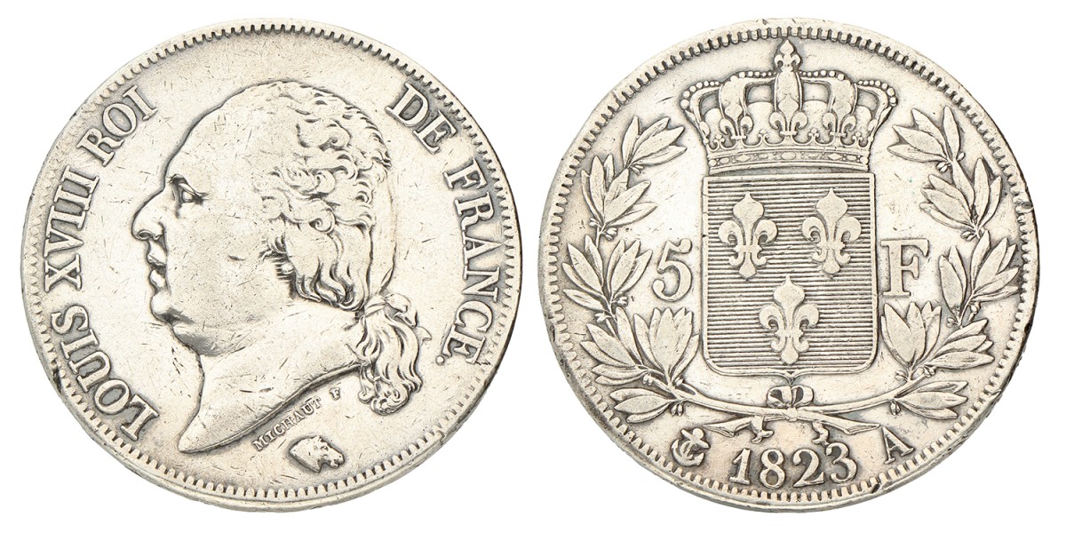 No reserve - France. Second kingdom. Louis XVIII. 5 Francs. 1823 A.