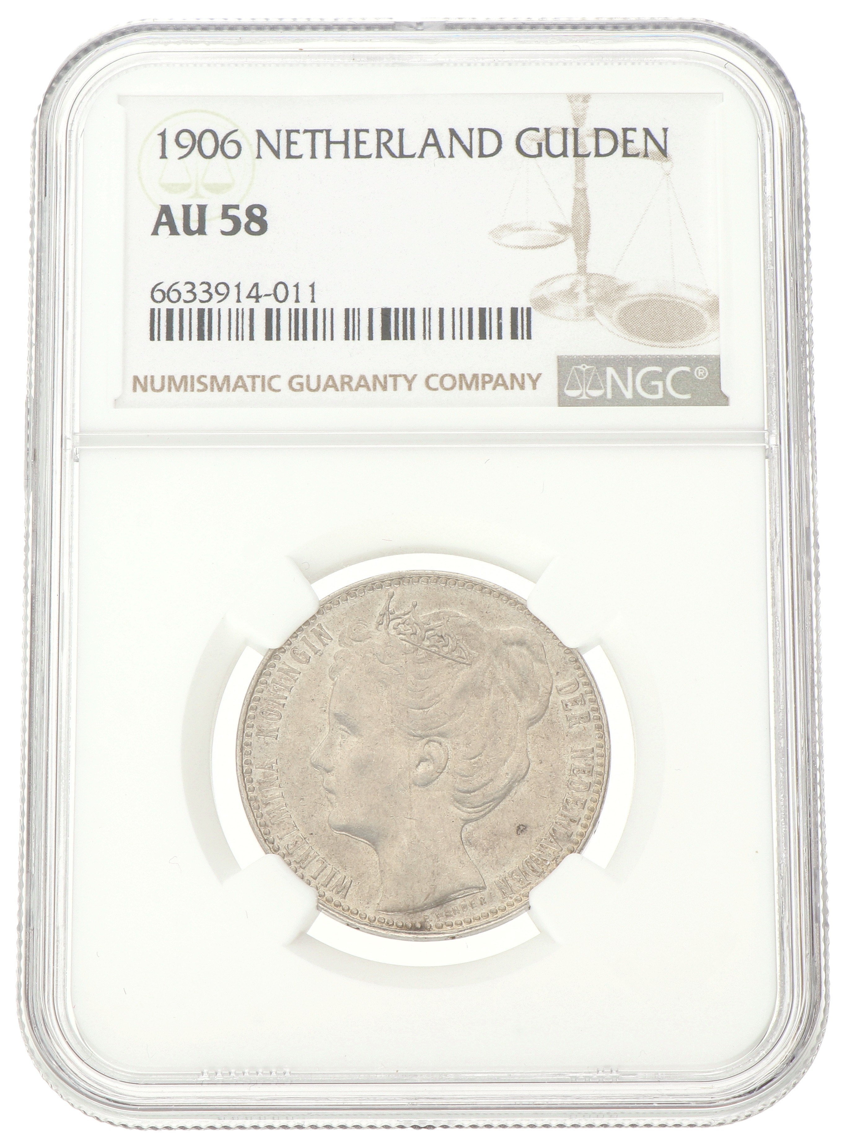 1 Gulden. Wilhelmina. 1906. AU 58