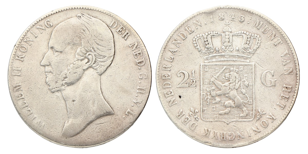 2½ Gulden. Willem II. 1843. Fraai / Zeer Fraai.