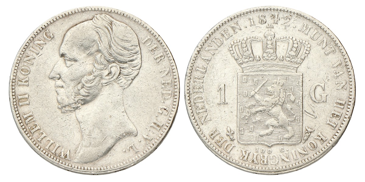 1 Gulden - lang borstbeeld. Willem II. 1842. Prachtig -.