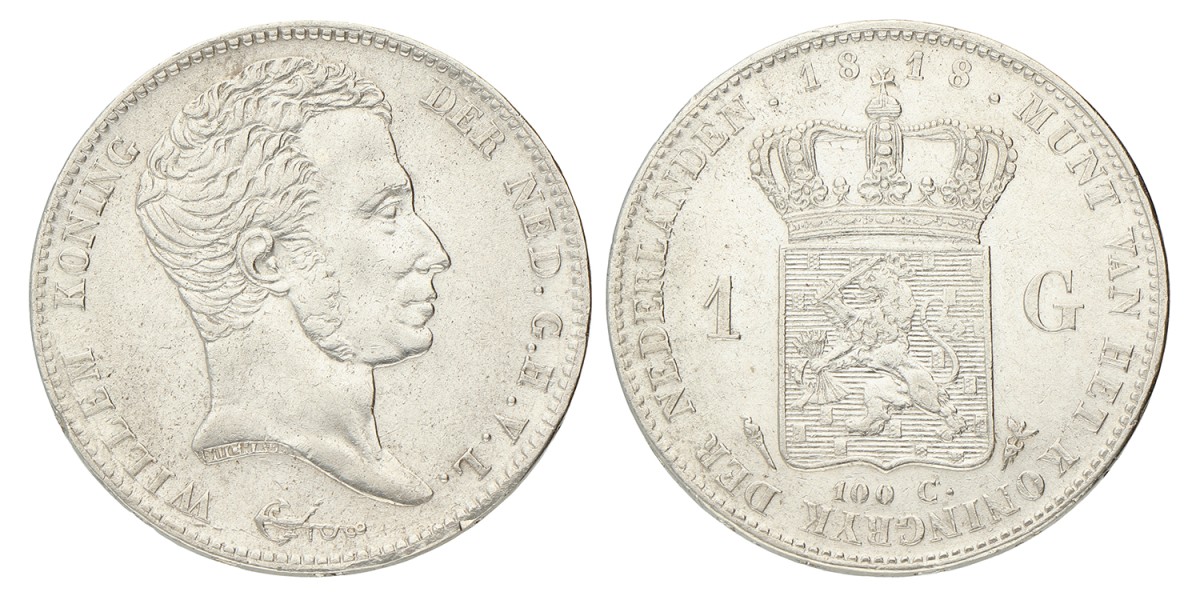 1 Gulden. Willem I. 1818. Zeer Fraai +.