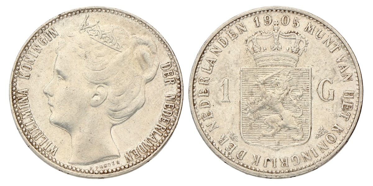 1 Gulden. Wilhelmina. 1905. Zeer Fraai.