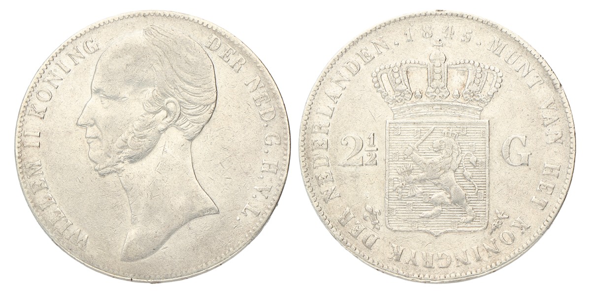 2½ Gulden. Willem II. 1845. Zeer Fraai.