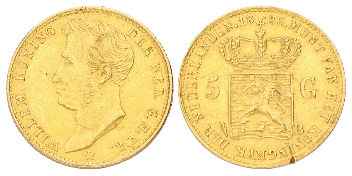 5 Gulden. Willem I. 1826 B. Zeer Fraai +.