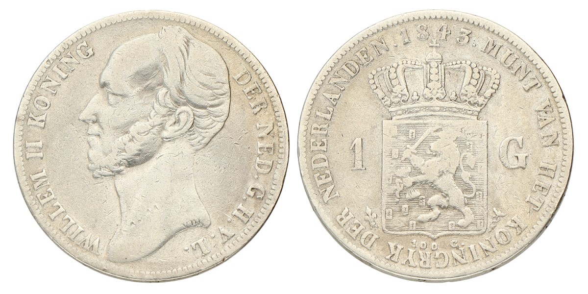 1 Gulden. Willem II. 1843. Zeer Fraai.