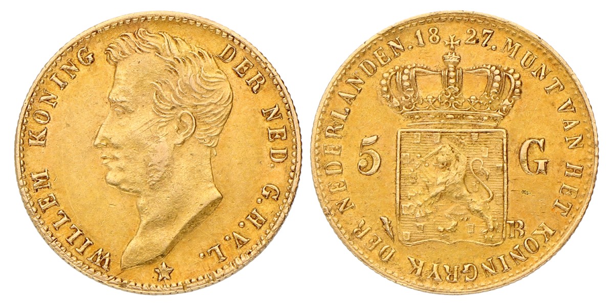 5 Gulden. Willem I. 1827 B (open). Zeer Fraai / Prachtig.