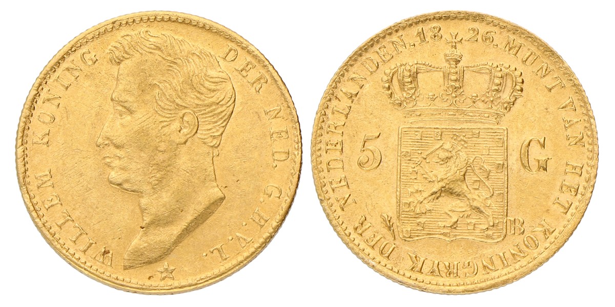 5 Gulden. Willem I. 1826 B. Zeer Fraai.