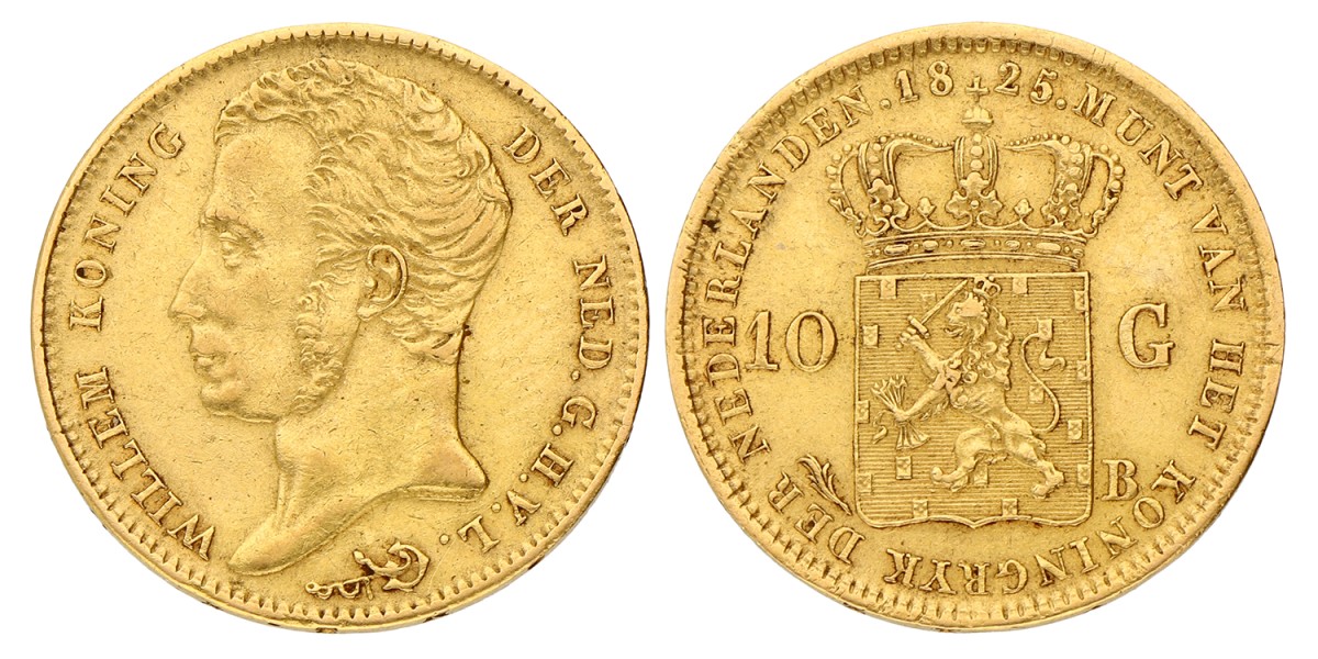 10 Gulden. Willem I. 1825 B. Zeer Fraai / Prachtig.