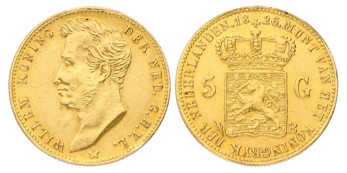5 Gulden. Willem I. 1826 B. Zeer Fraai / Prachtig.