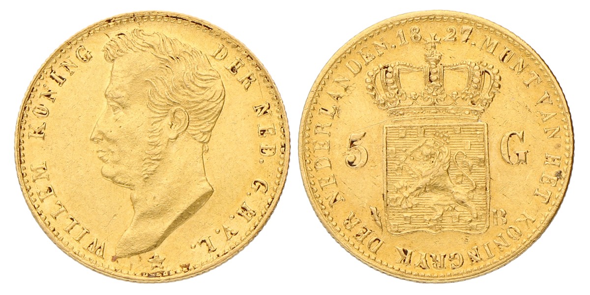 5 Gulden. Willem I. 1827 B (open). Zeer Fraai / Prachtig.