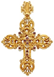 18K Geelgouden tweezijdig kruis bezet met diamant en robijn.