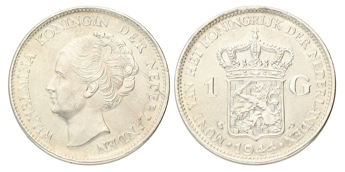 1 Gulden - doorloper. Wilhelmina. 1944 EP. Prachtig.