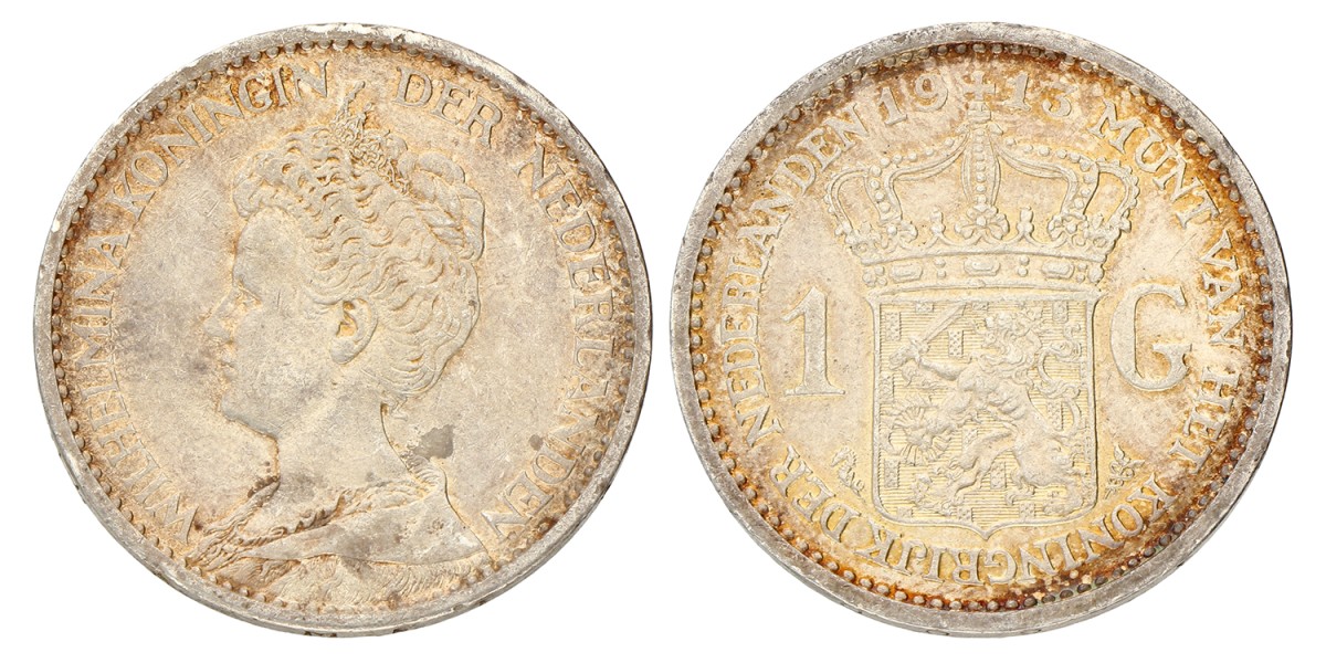 1 Gulden. Wilhelmina. 1913. Prachtig.