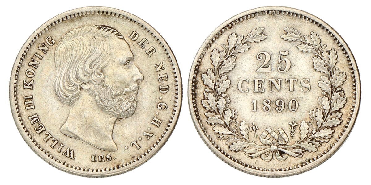 25 Cent. Willem III. 1890 Zonder punt. Zeer Fraai / Prachtig.