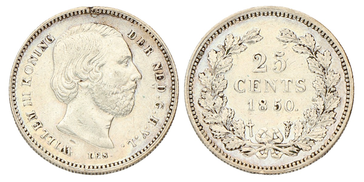 25 Cent. Willem III. 1850. Zeer Fraai +.