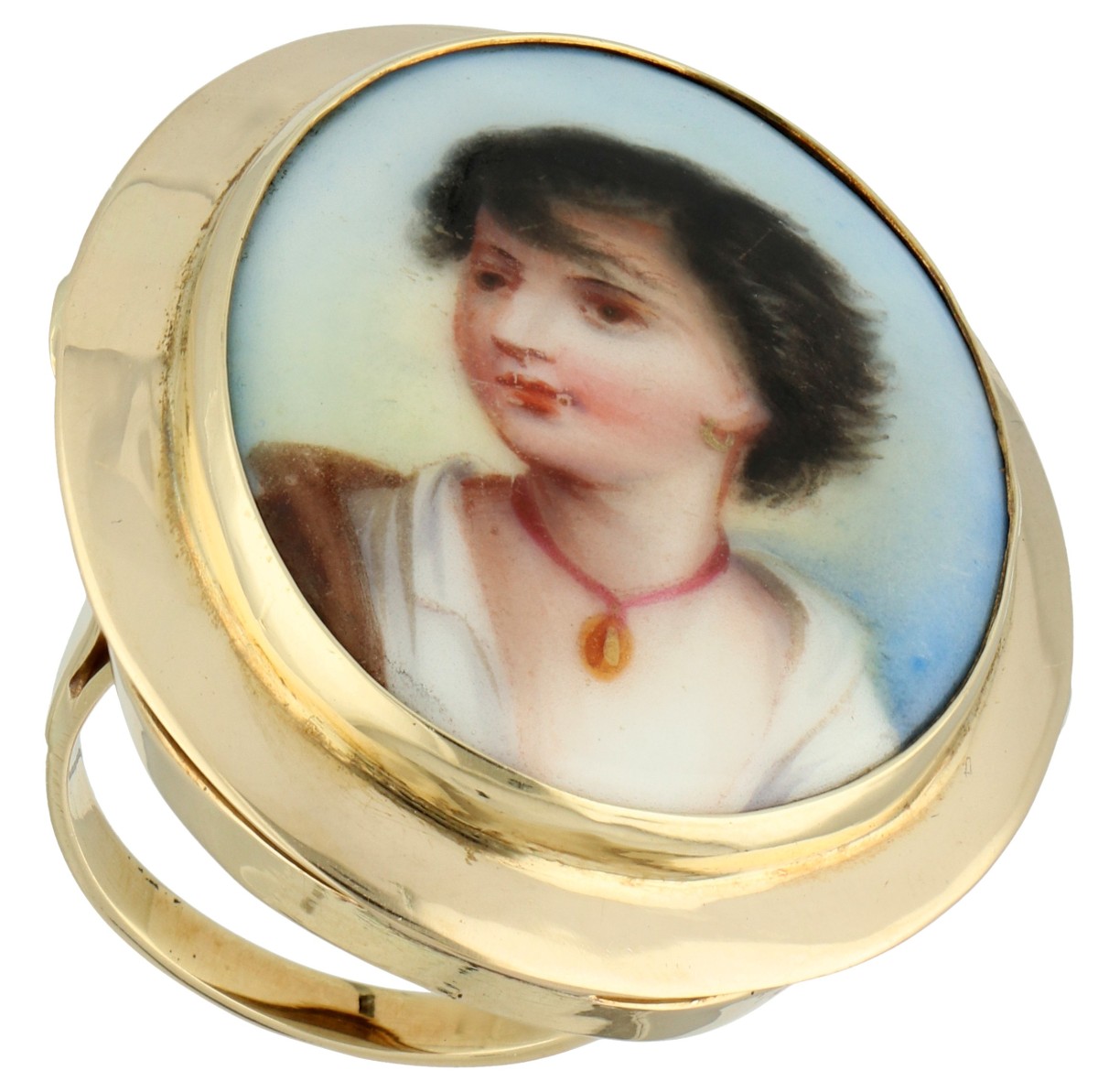 14K Geelgouden ring van een portret geschilderd op porselein.