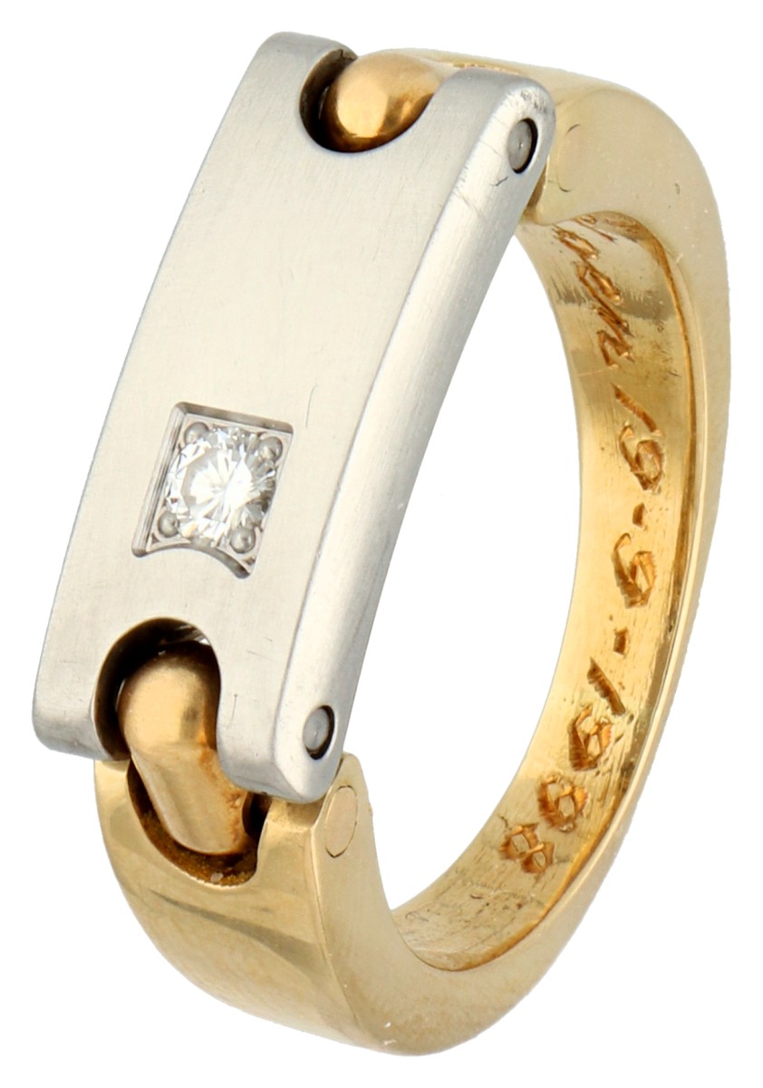 Pequignet 18K geelgouden / stalen ring met flexibele stalen brug en diamant.