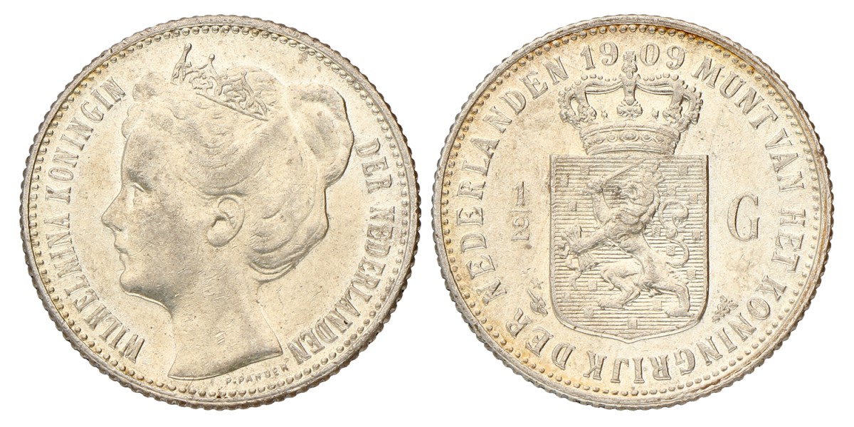 ½ Gulden. Wilhelmina. 1909. Prachtig / UNC.