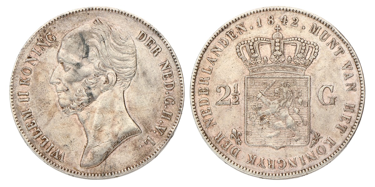 2½ Gulden. Willem II. 1842. Zeer Fraai / Prachtig.