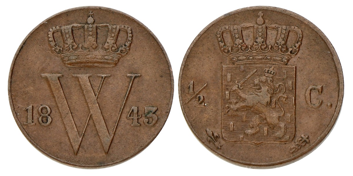 ½ Cent. Willem II. 1843. Zeer Fraai / Prachtig.