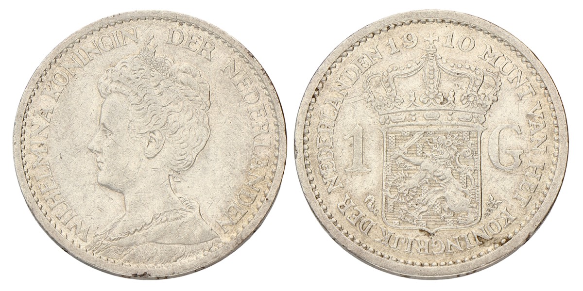 1 Gulden. Wilhelmina. 1910. Zeer Fraai +.