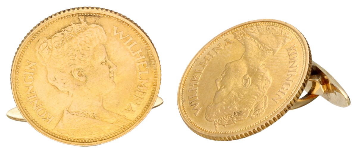 21.6K Geelgouden paar manchetknopen van 5 gulden munt Koningin Wilhelmina.