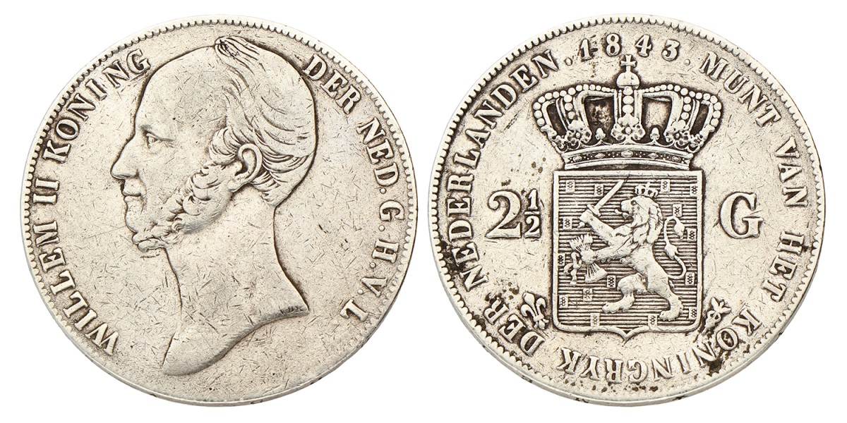 2½ Gulden. Willem II. 1843. Zeer Fraai.