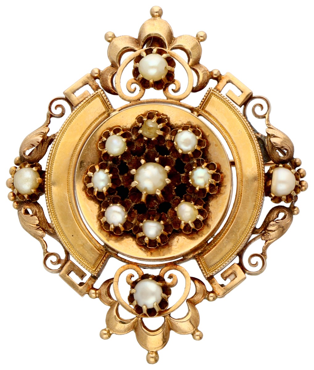 Antieke 14K roségouden Napoleon III broche met gecultiveerde parel.