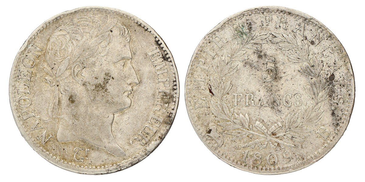 France. Empire. Napoleon. 5 Francs. 1809 B.