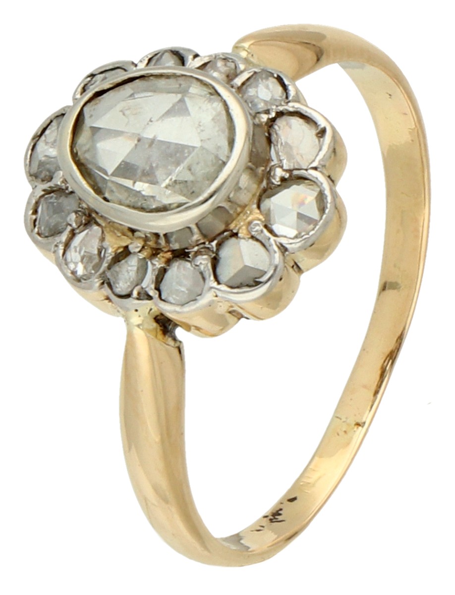 14K Geelgouden vintage ring bezet met diamanten. 