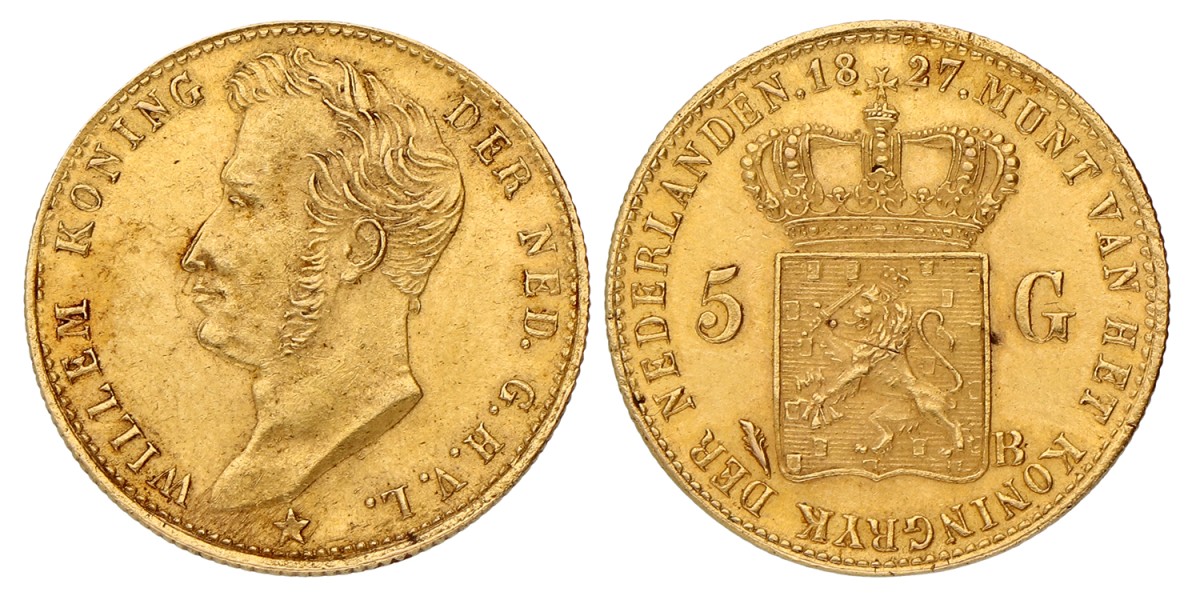 5 Gulden. Willem I. 1827 B (open). Zeer Fraai / Prachtig.