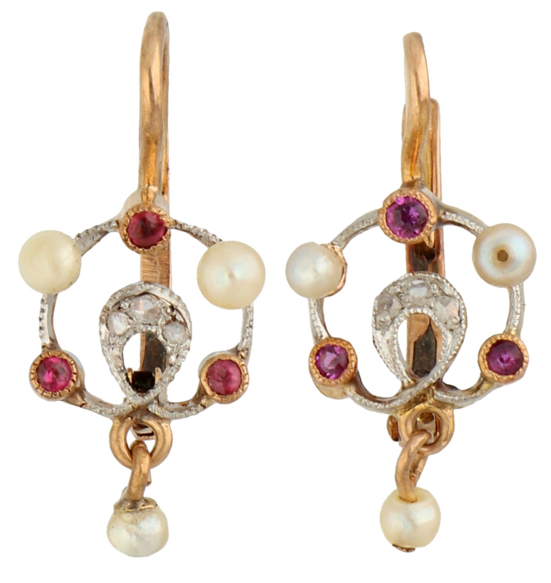 18K Geelgouden antieke dormeuse oorbellen bezet met parel, diamant en roze simili.