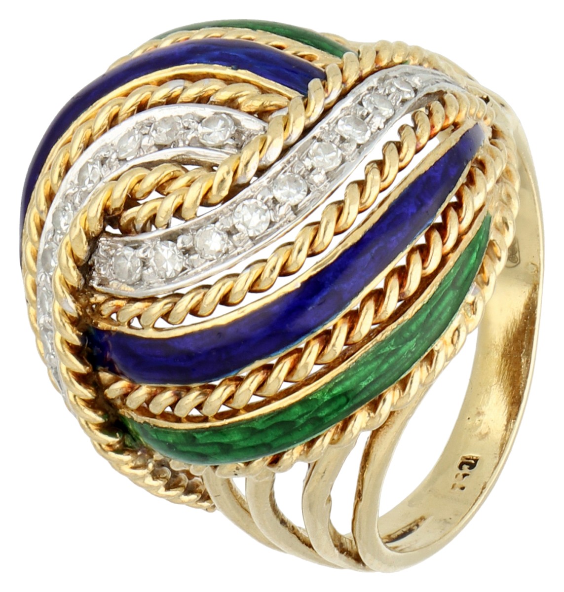 18K Geelgouden retro knoop ring met diamant en emaille.