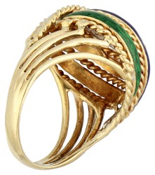 18K Geelgouden retro knoop ring met diamant en emaille.