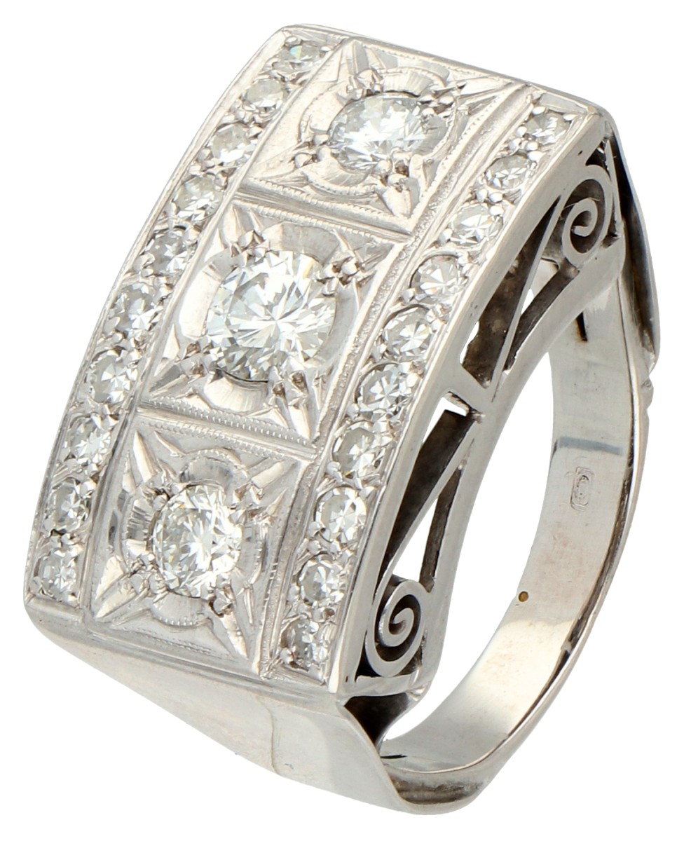 Retro 14K witgouden tank ring bezet met ca. 0.87 ct. diamant.