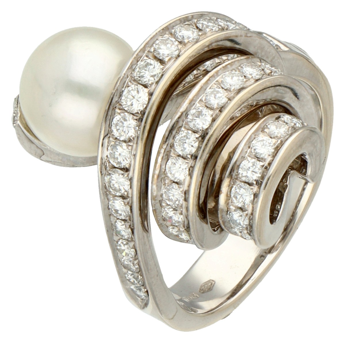 No reserve - Damiani 18K witgouden design ring met cultivé parel en diamant.