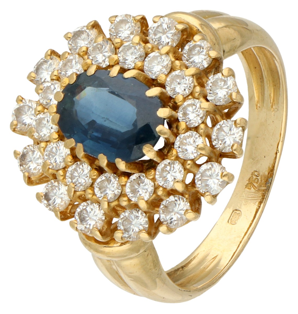 18K Geelgouden entourage ring bezet met ca. 1.16 ct. natuurlijke saffier en ca. 0.70 ct. diamant.