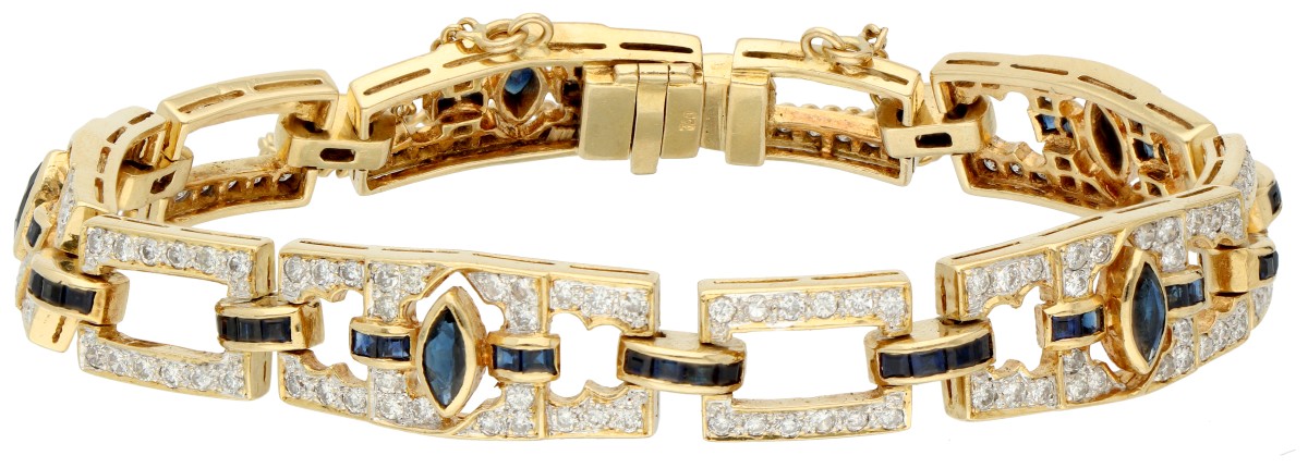 18K Geelgouden vintage schakelarmband bezet met ca. 0.75 ct. diamant en synthetische saffier.