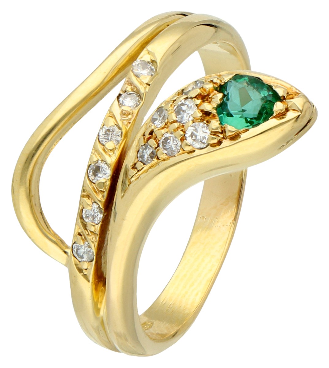 18K Geelgouden vintage slangen ring bezet met diamant en groene kleursteen.