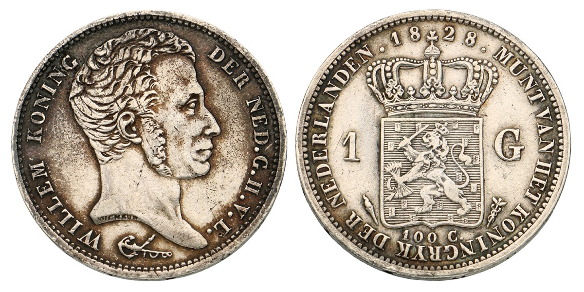 1 Gulden. Willem I. 1828 U. Zeer Fraai.