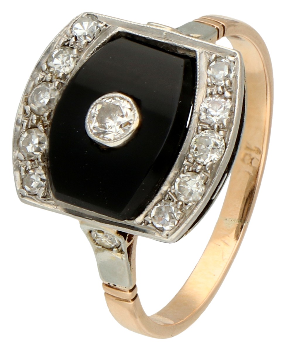 14K Geelgouden / platina Art Deco ring bezet met oud geslepen diamant en onyx plaquette.