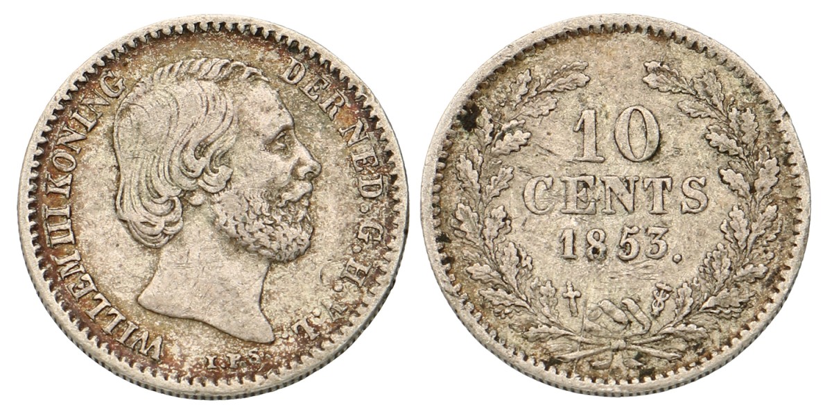 No reserve - 10 Cent. Willem III. 1853. Zeer Fraai.