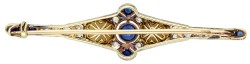 Gouden / platina Art Deco broche bezet met ca. 0.80 ct. natuurlijke saffier en ca. 0.56 ct. oud geslepen diamant.