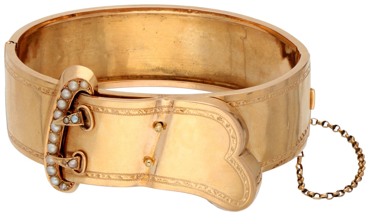 No reserve - 14K Geelgouden antieke gesp armband met zaadparels.